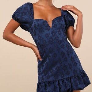 Lulus Exceedingly Delightful Navy Blue Jacquard Puff Sleeve Mini Dress - Size XL